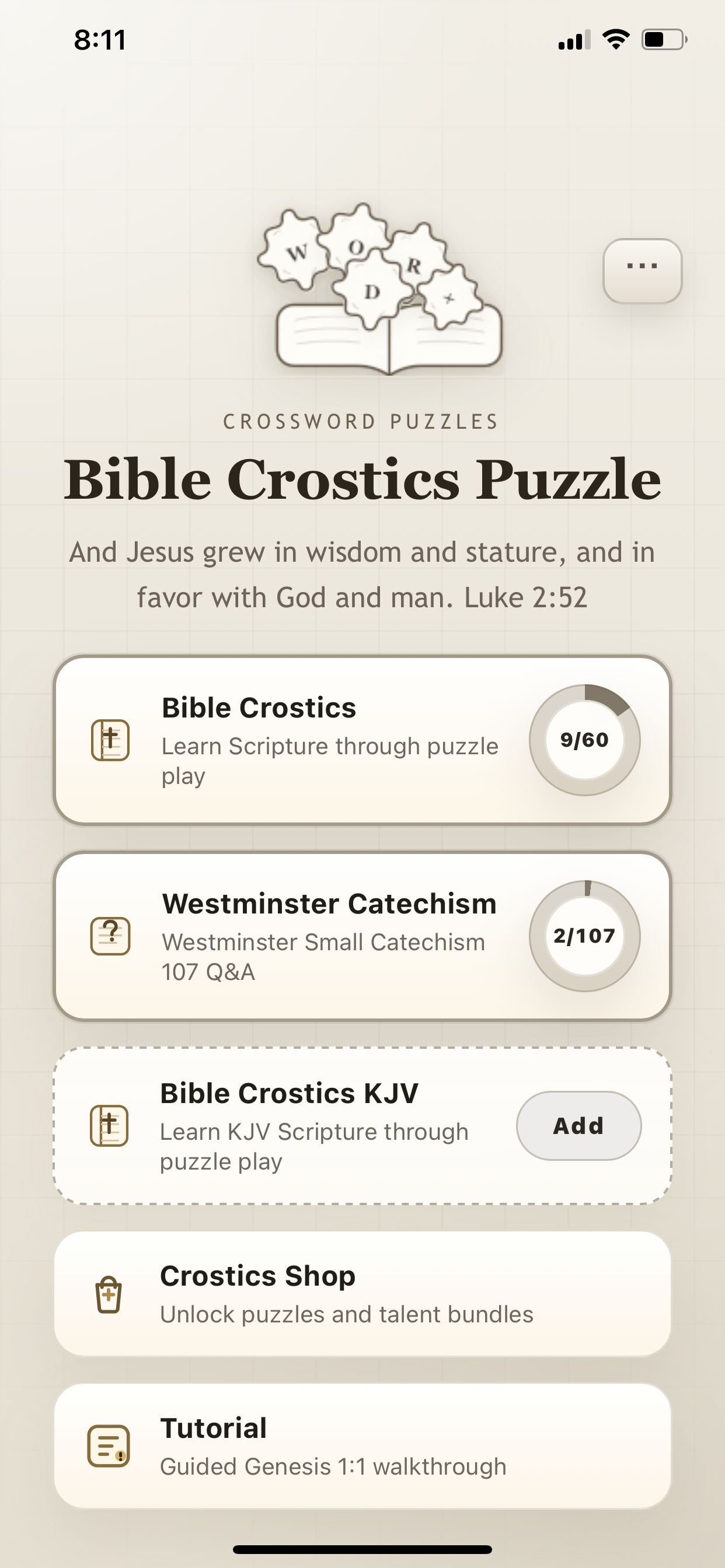 Bible Crostics Puzzle home screen on iPhone