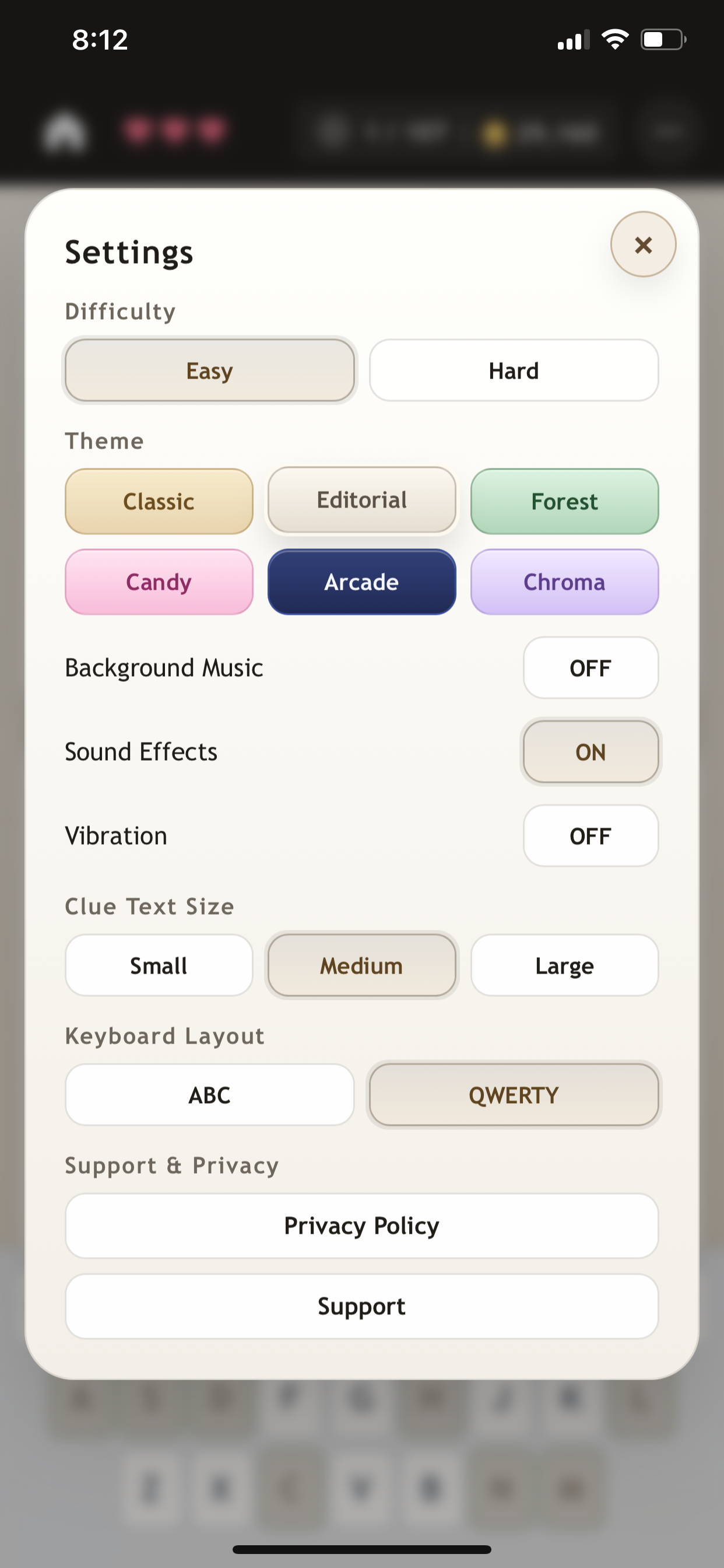 Bible Crostics Puzzle settings screen
